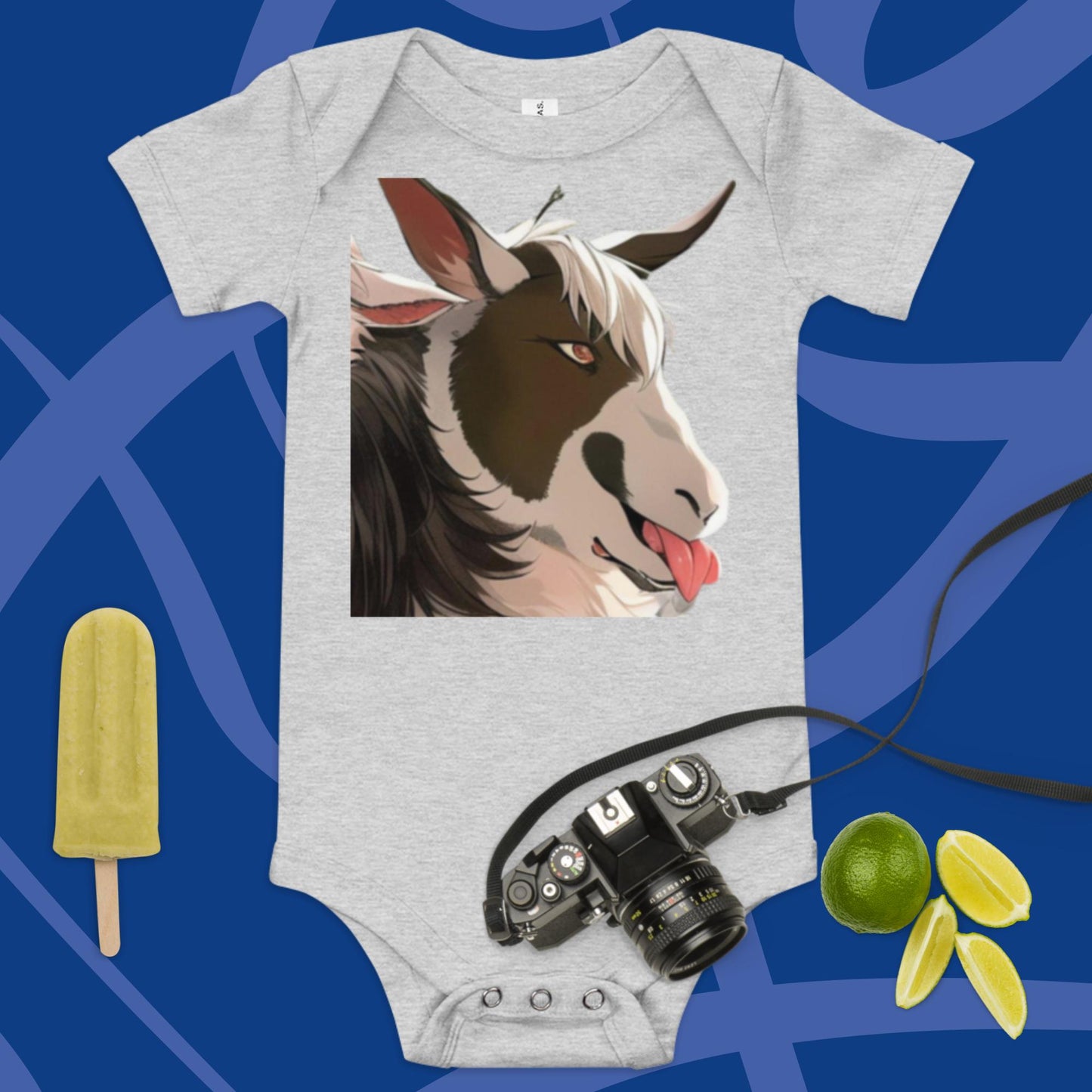 Baby short sleeve one piece cartoon goat with tongue out