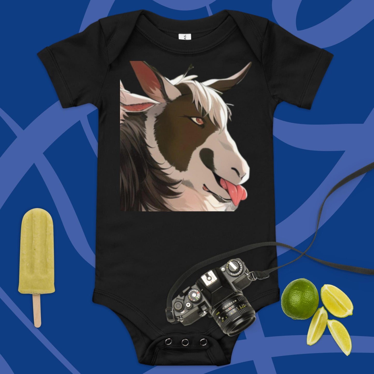 Baby short sleeve one piece cartoon goat with tongue out