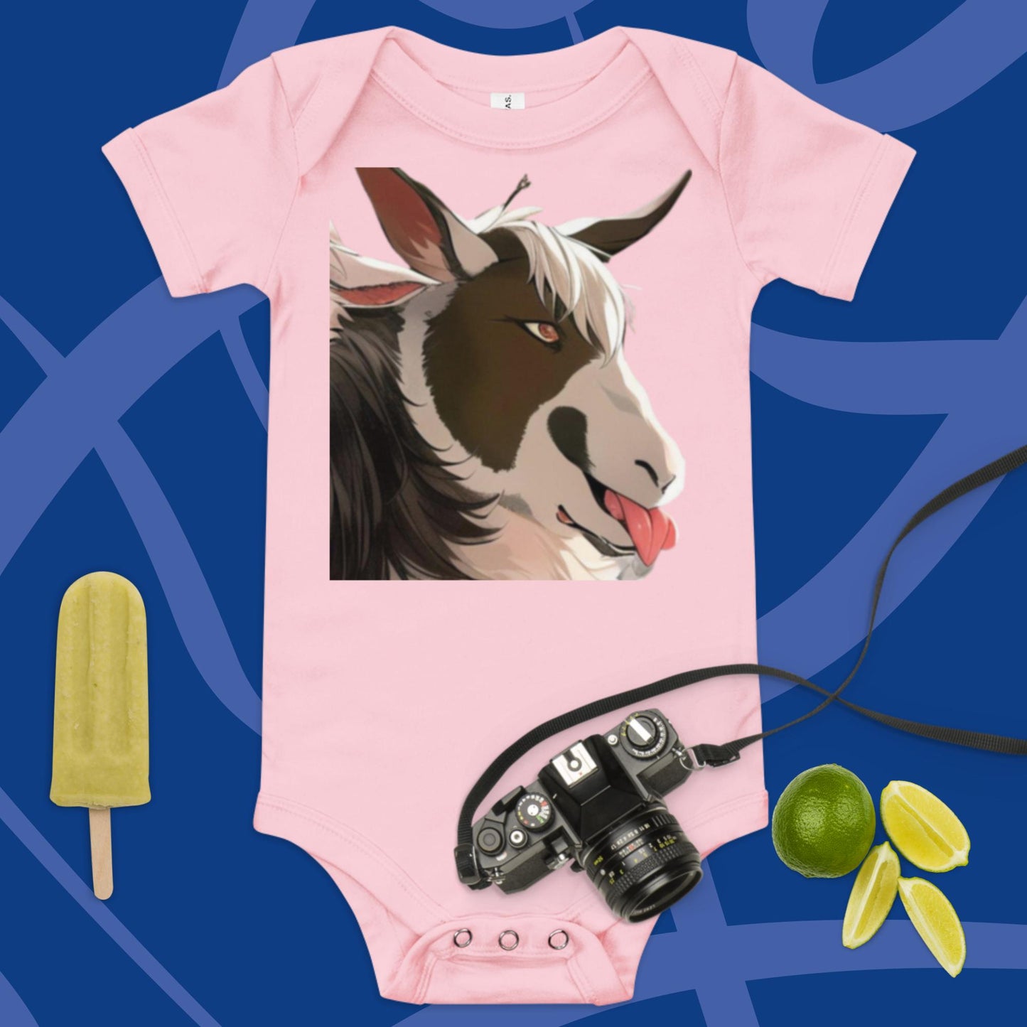 Baby short sleeve one piece cartoon goat with tongue out
