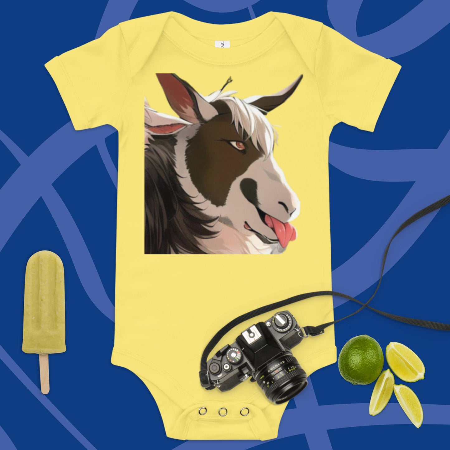 Baby short sleeve one piece cartoon goat with tongue out