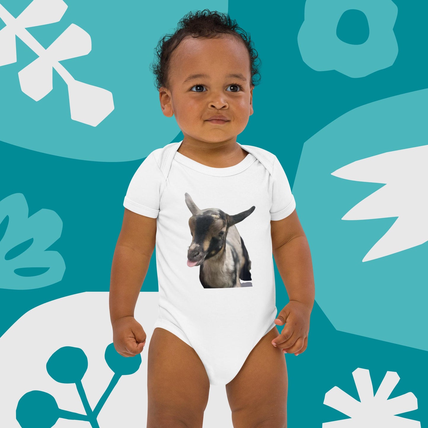 goat with tongue out Organic cotton baby bodysuit