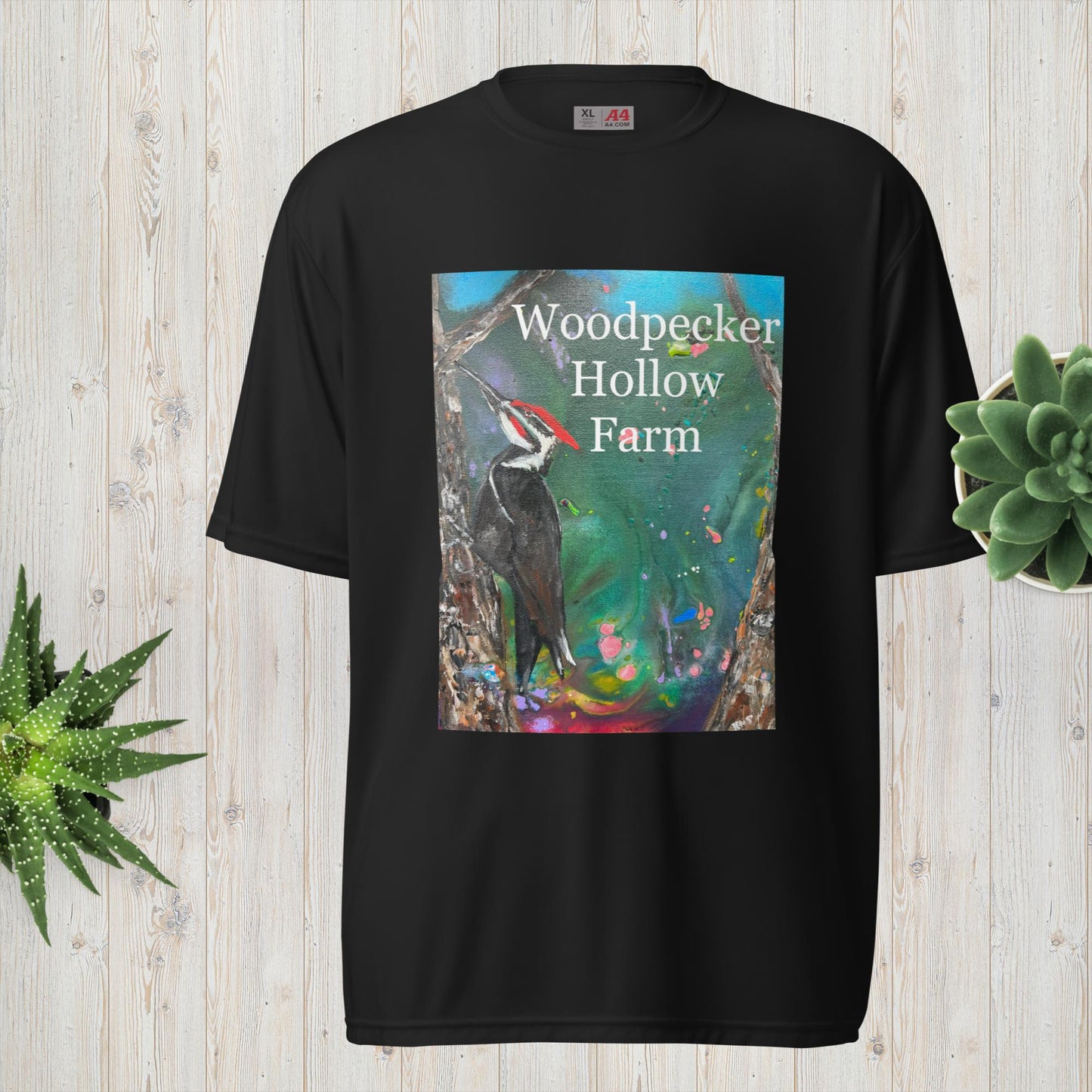 Unisex performance crew neck t-shirt Woodpecker Hollow Farm Sanctuary