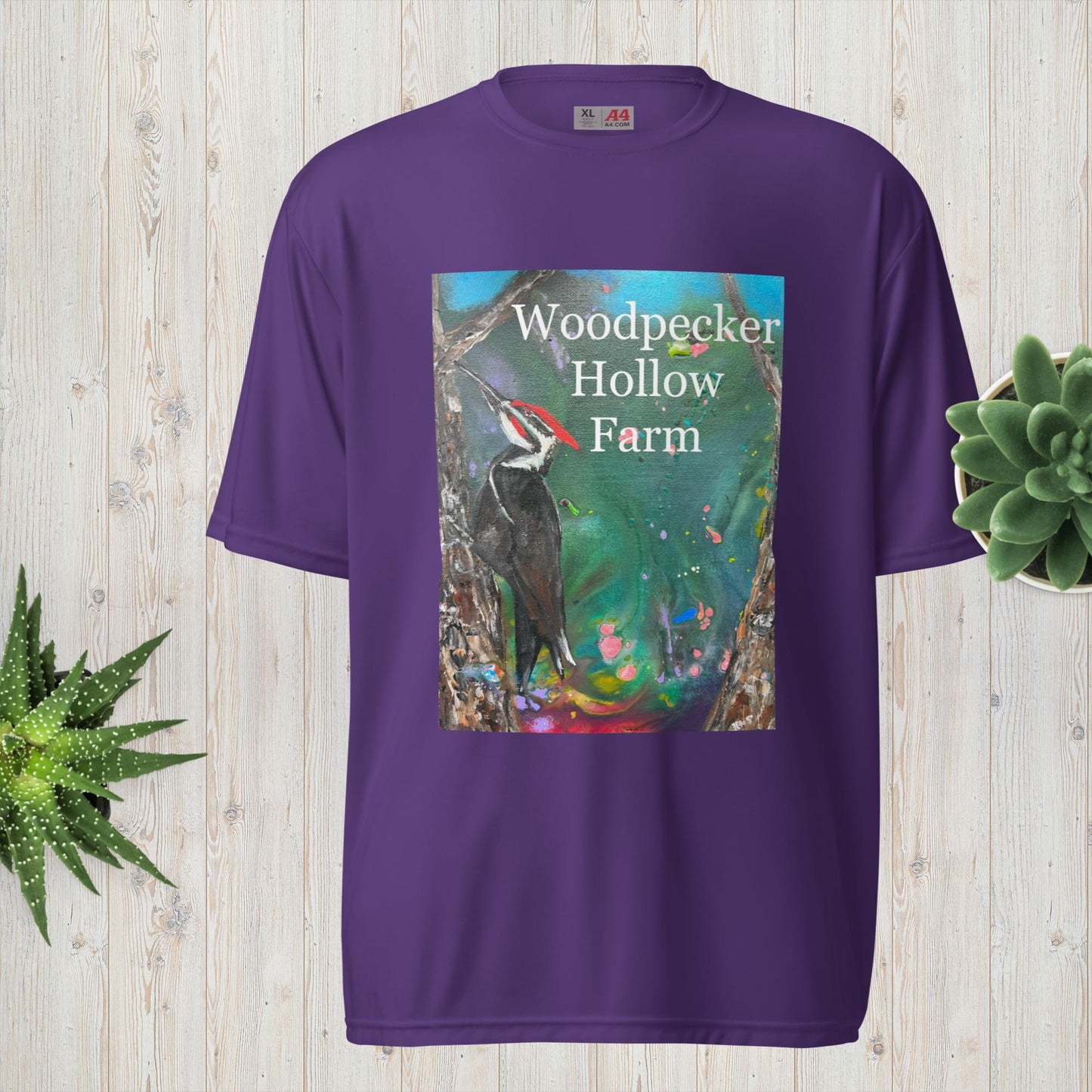 Unisex performance crew neck t-shirt Woodpecker Hollow Farm Sanctuary