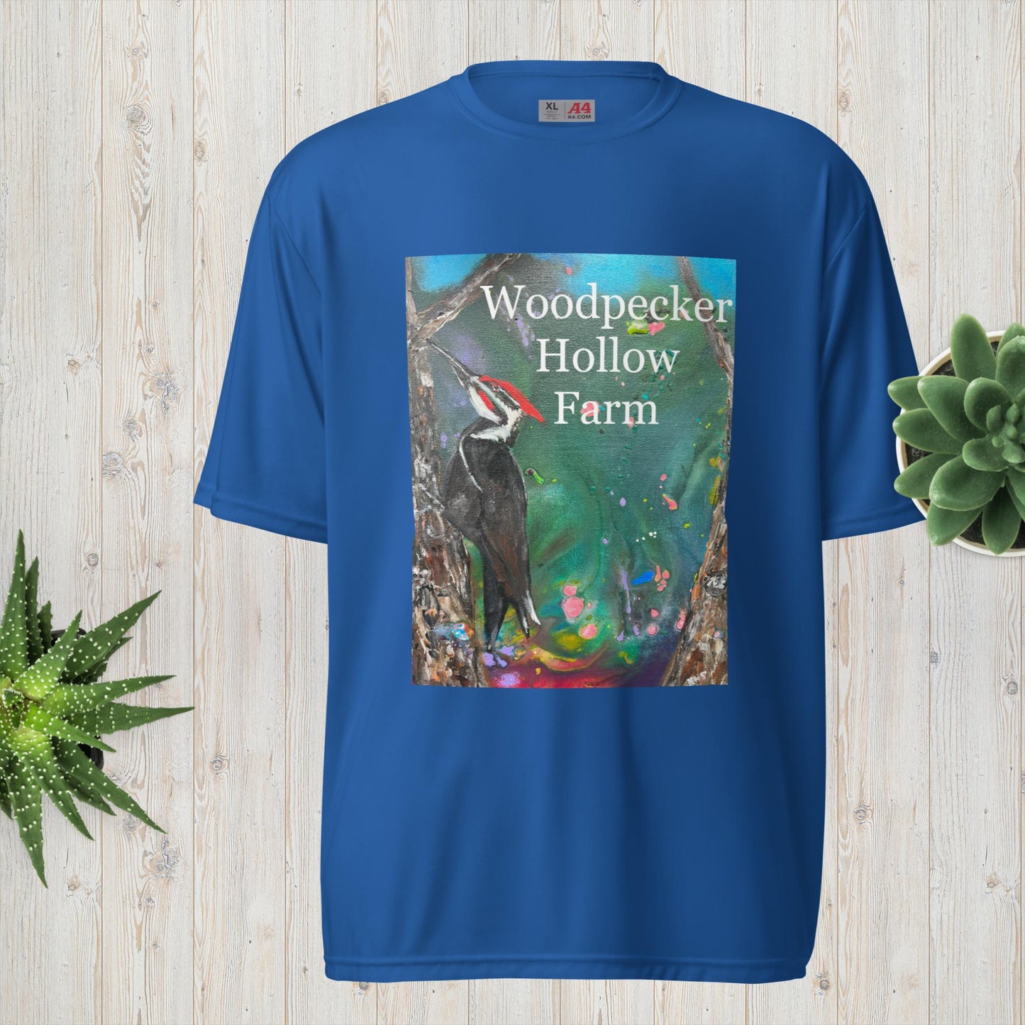 Unisex performance crew neck t-shirt Woodpecker Hollow Farm Sanctuary