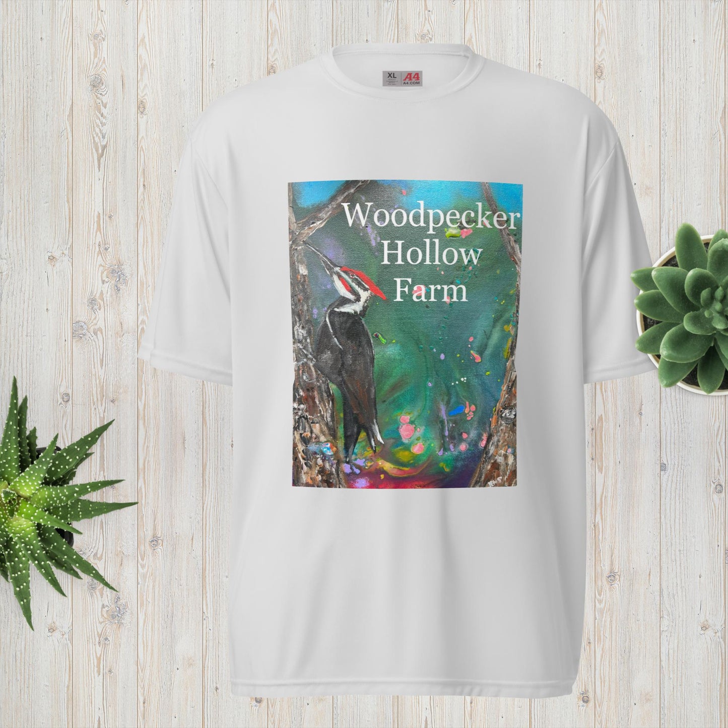 Unisex performance crew neck t-shirt Woodpecker Hollow Farm Sanctuary