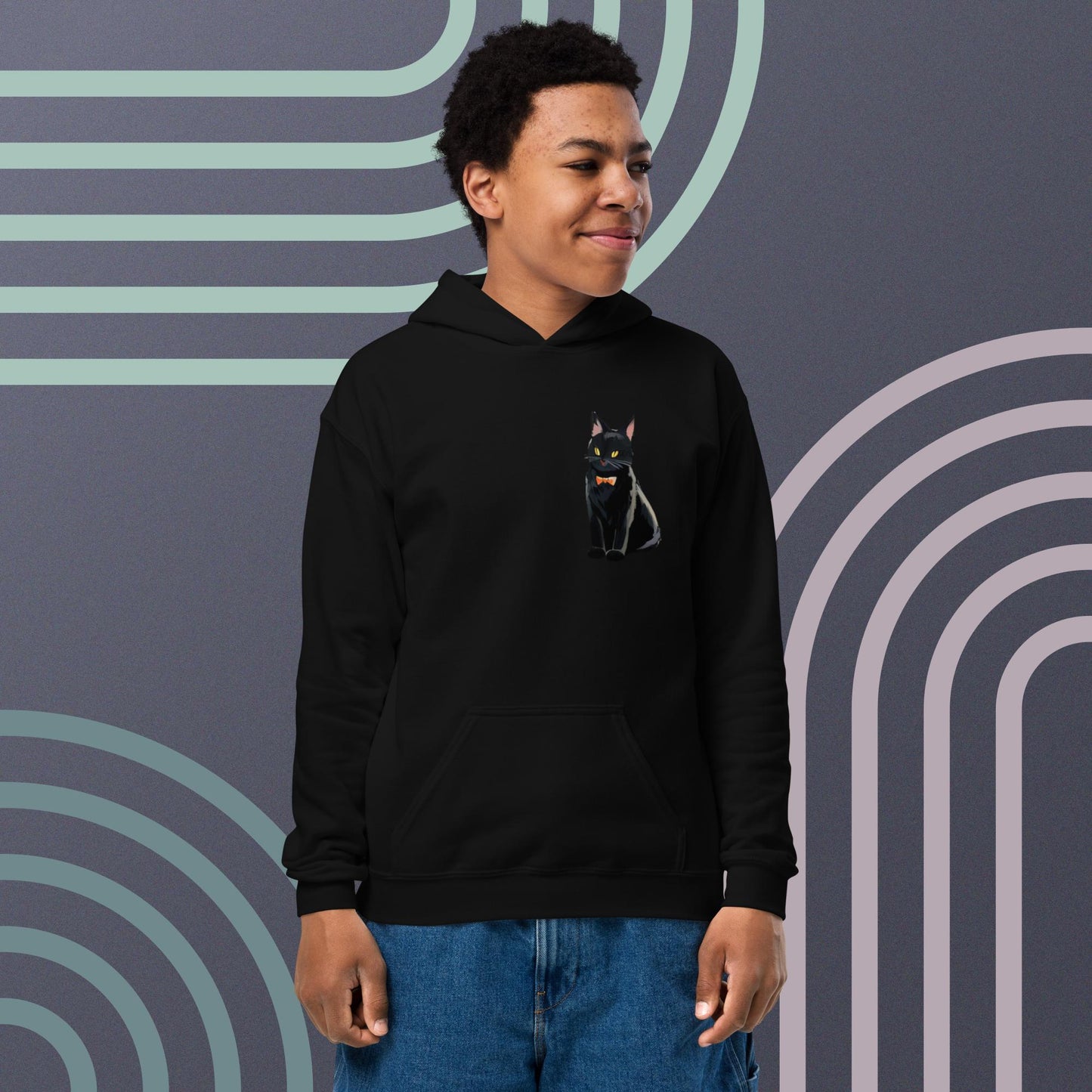 Youth heavy blend hoodie with Black cat in left pocket.