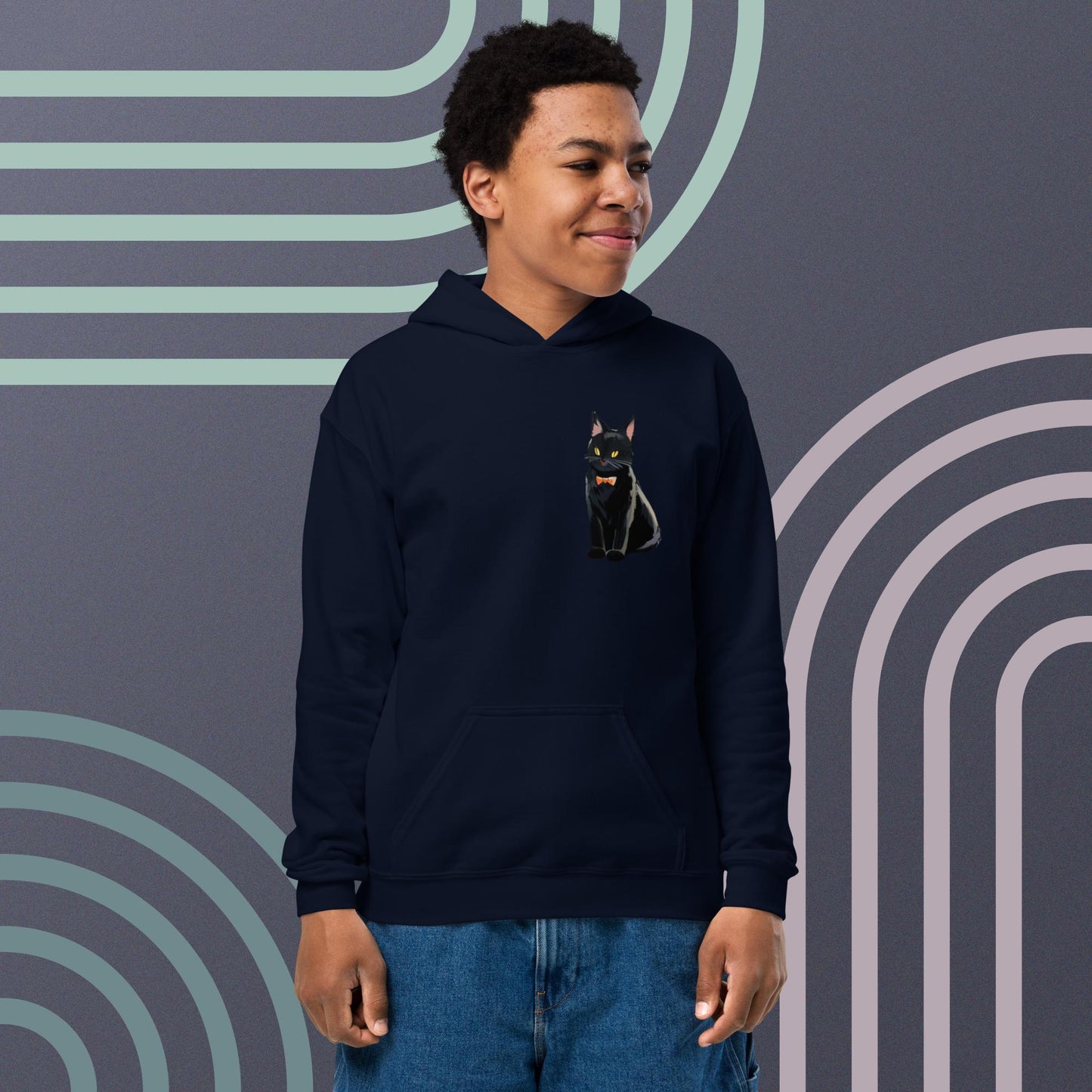 Youth heavy blend hoodie with Black cat in left pocket.