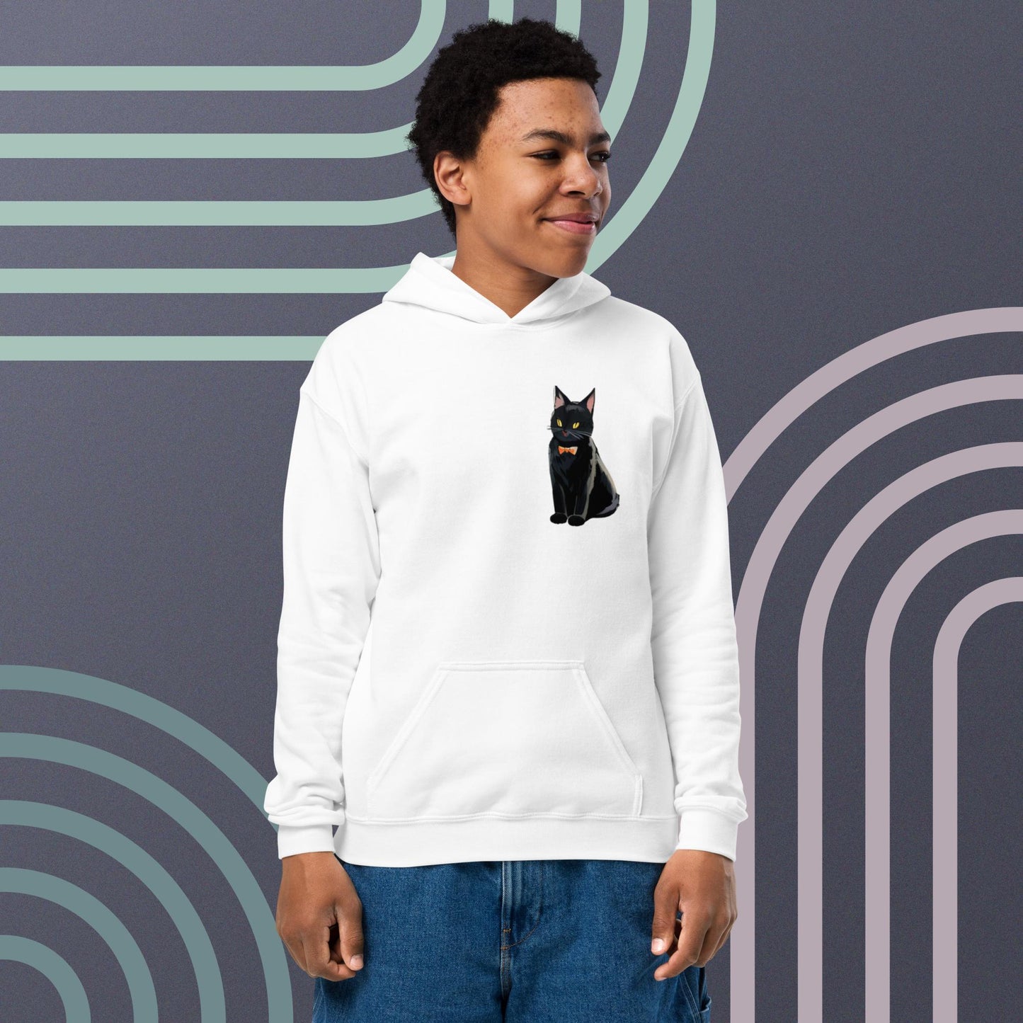 Youth heavy blend hoodie with Black cat in left pocket.