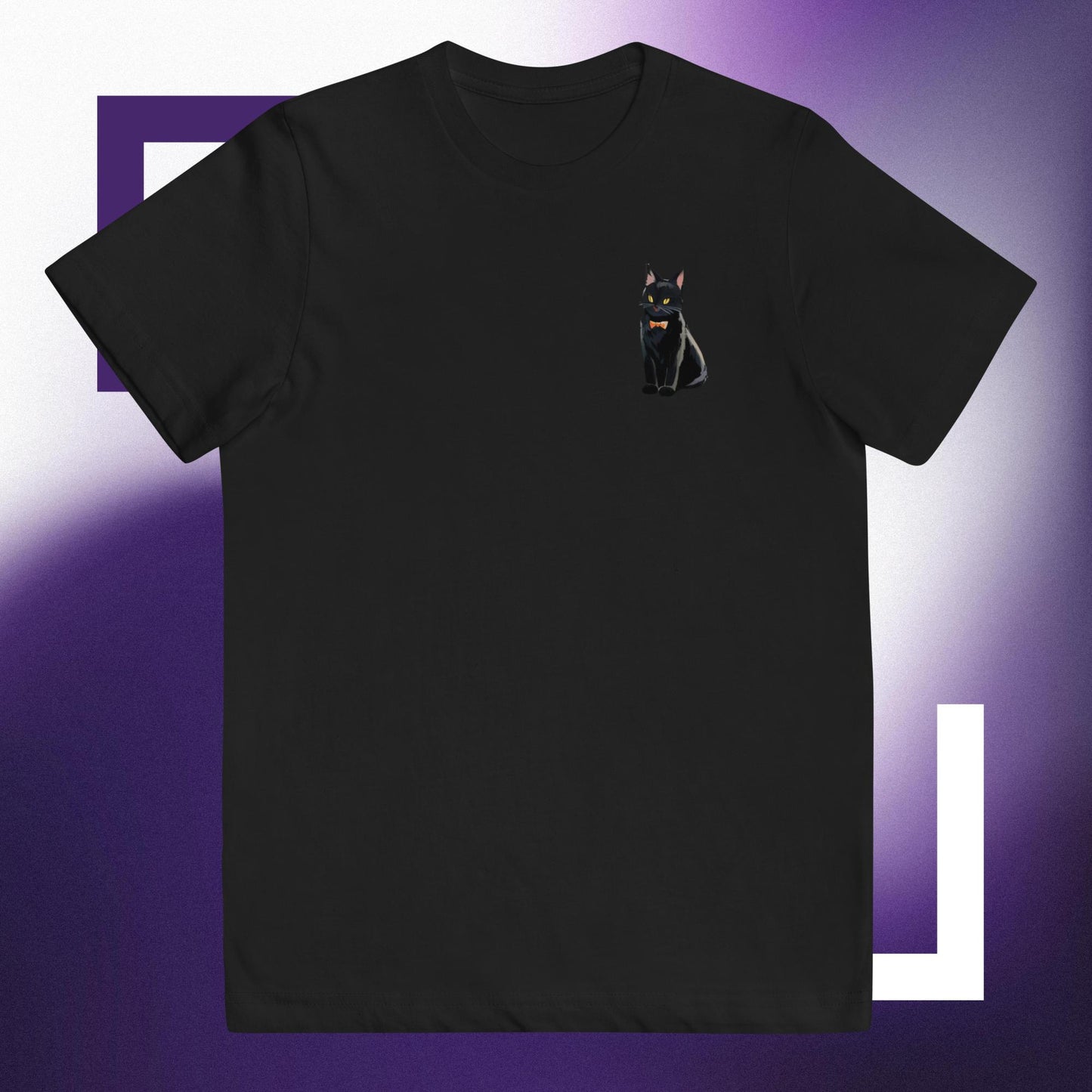 Youth jersey t-shirt black cat with orange bow tie