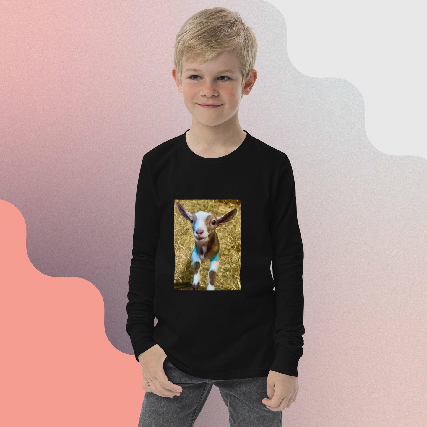 Youth long sleeve tee goat kid smiling