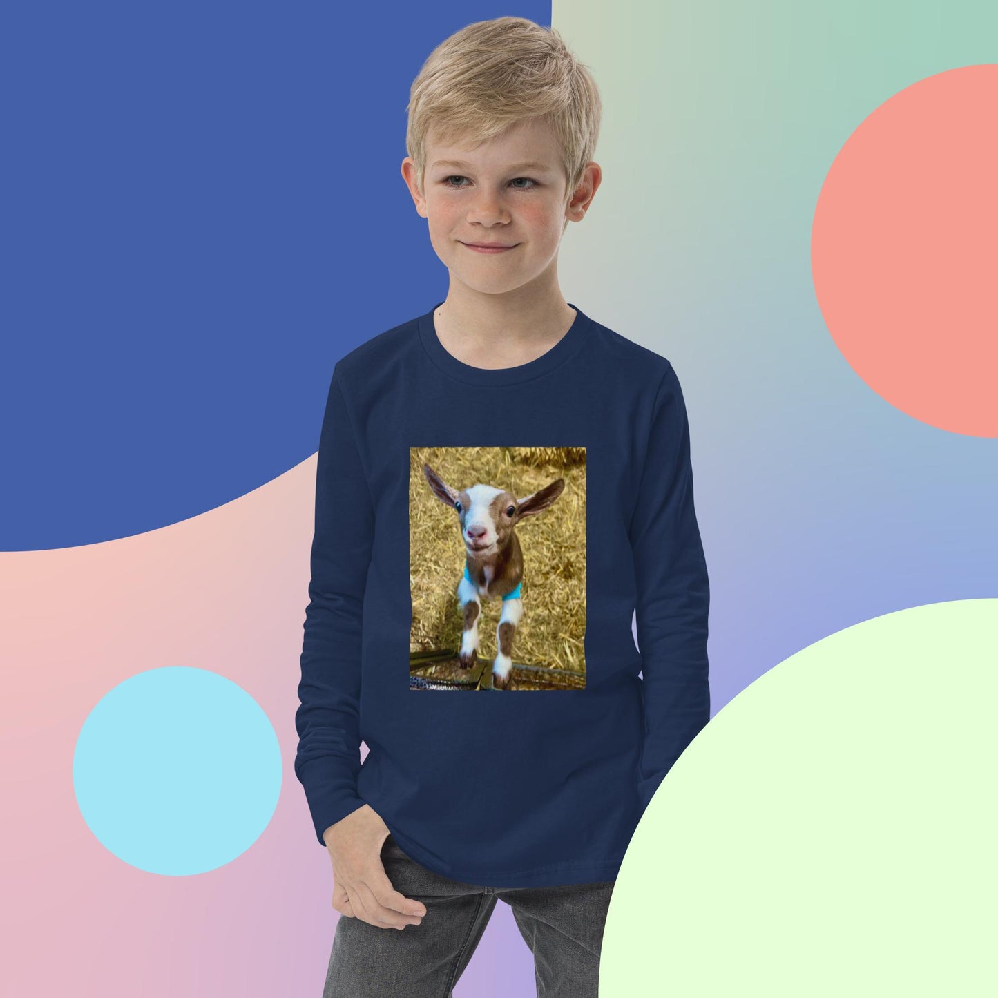Youth long sleeve tee smiling goat