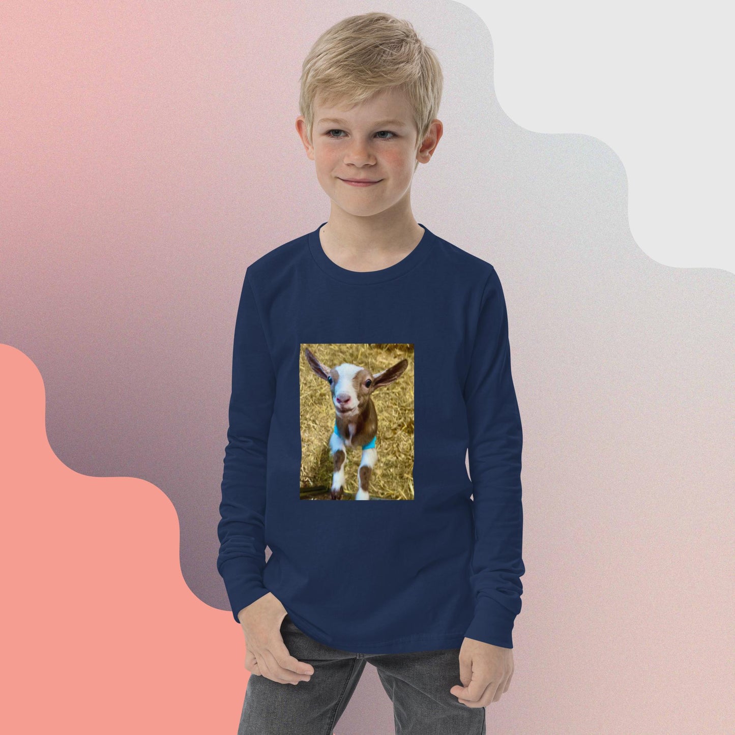 Youth long sleeve tee goat kid smiling