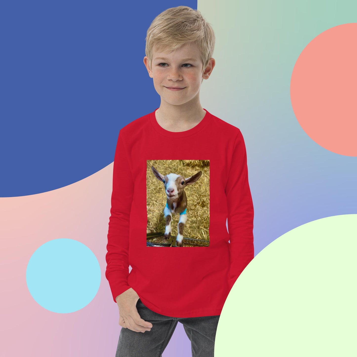 Youth long sleeve tee smiling goat