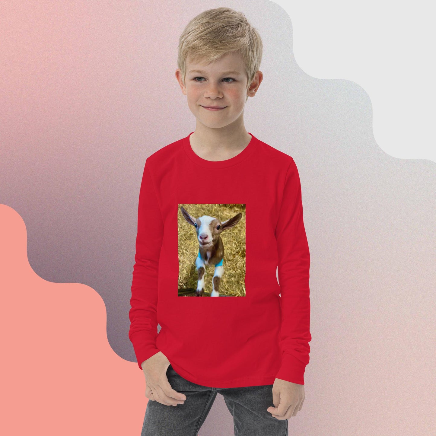 Youth long sleeve tee goat kid smiling