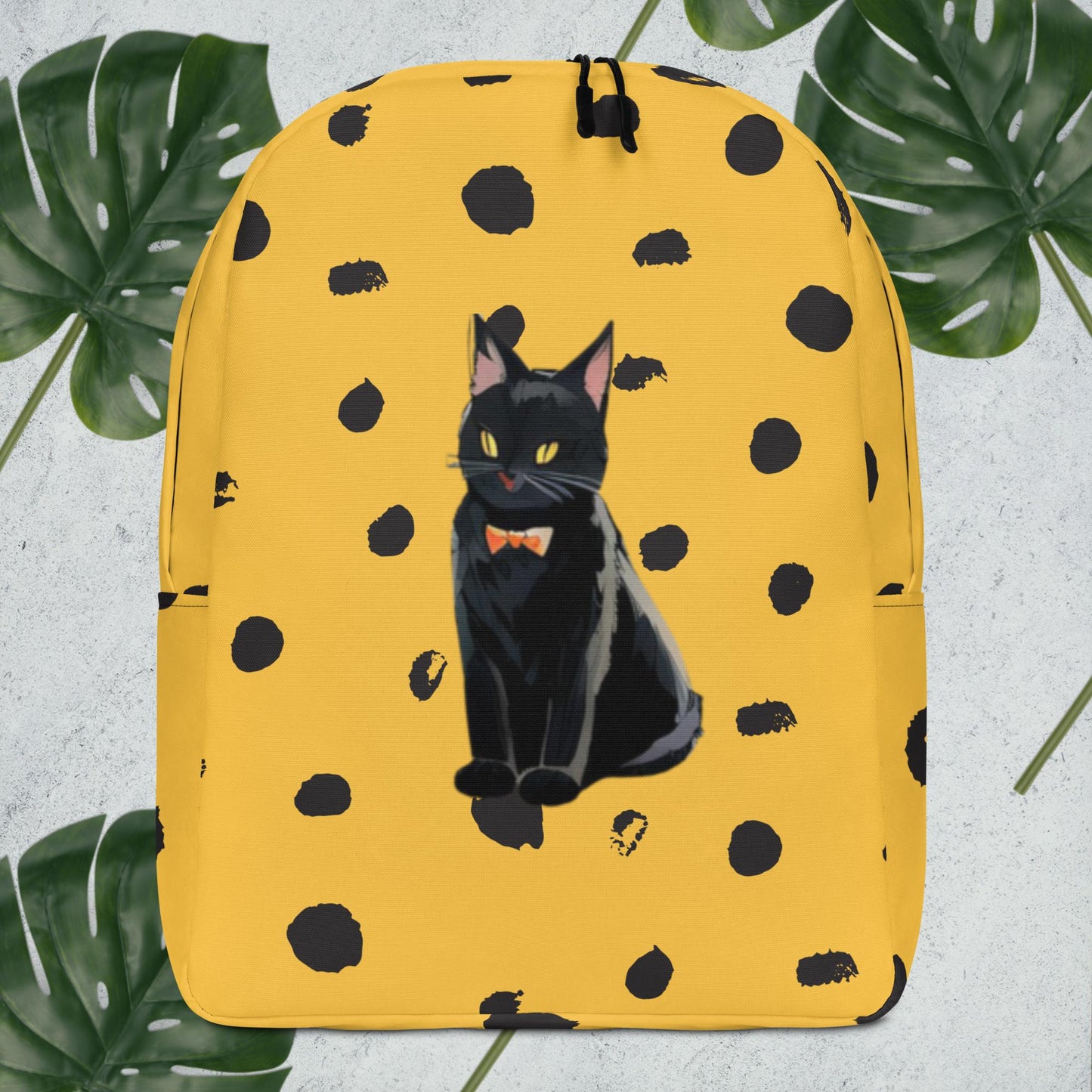 .Minimalist Backpack black cat with orange bowtie and black spots