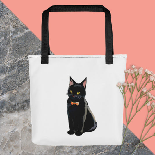 Tote bag black cat with orange bow tie