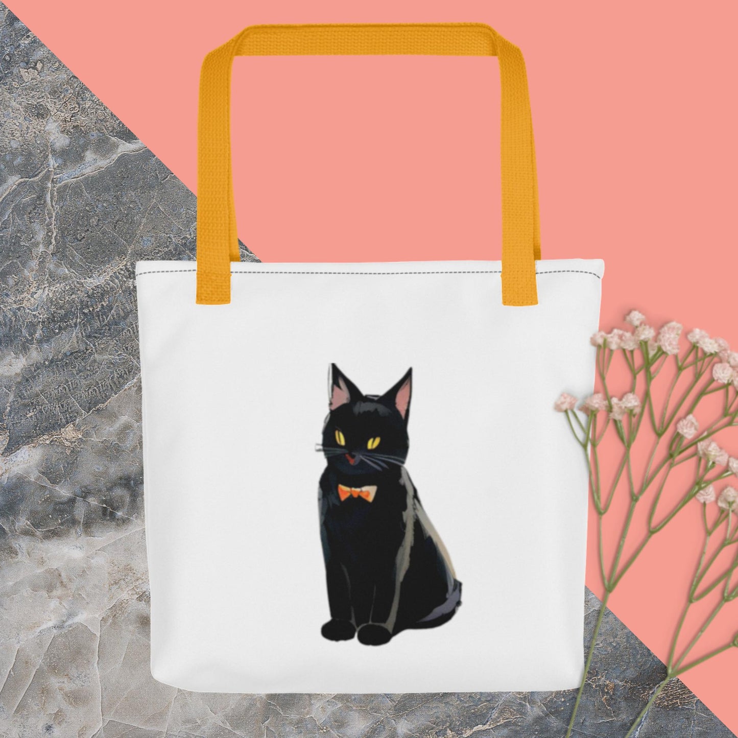 Tote bag black cat with orange bow tie
