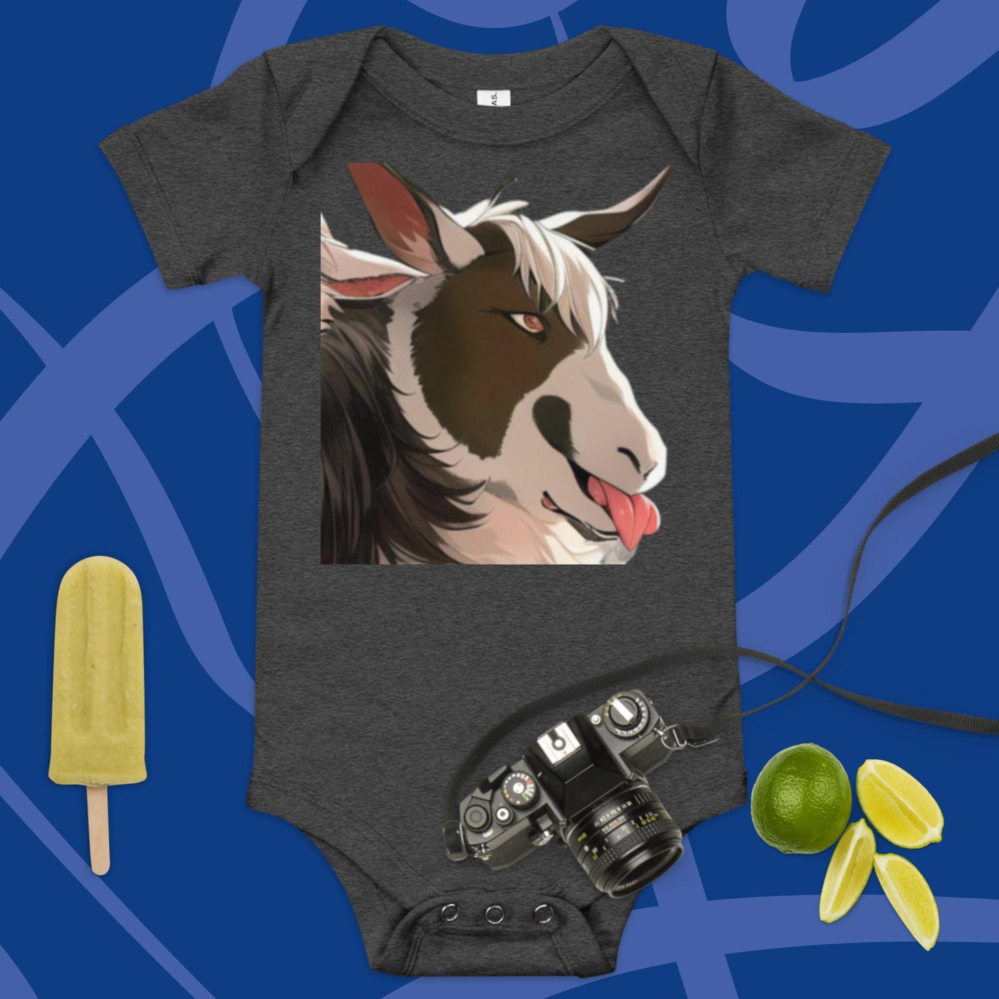 Baby short sleeve one piece cartoon goat with tongue out