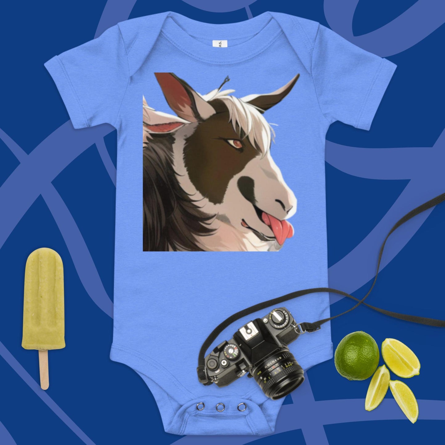 Baby short sleeve one piece cartoon goat with tongue out