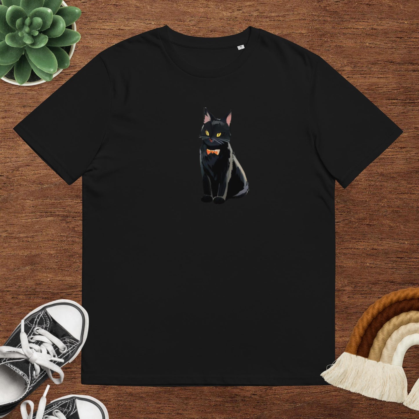 Unisex organic cotton t-shirt black cat with orange bowtie