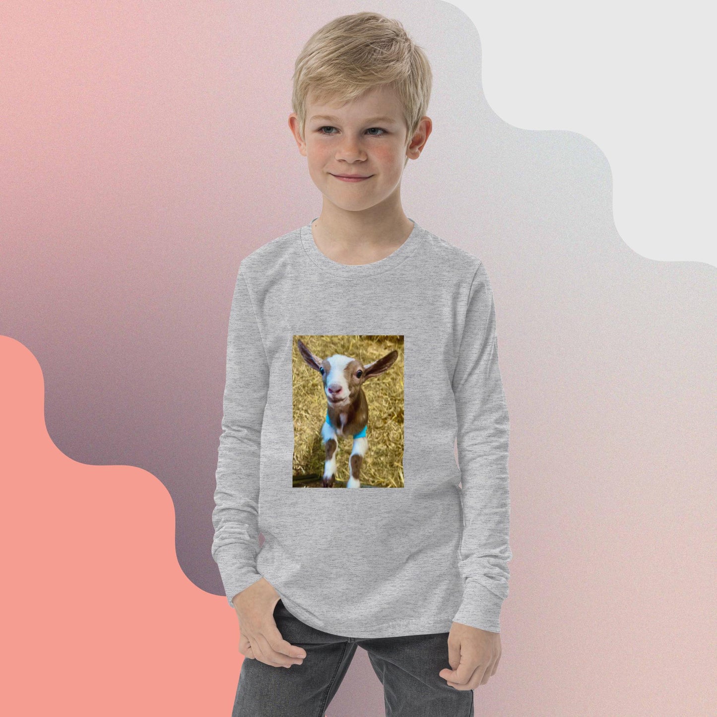 Youth long sleeve tee goat kid smiling
