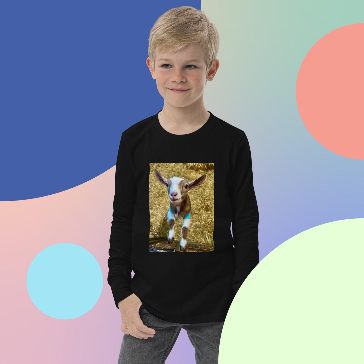 Youth long sleeve tee smiling goat