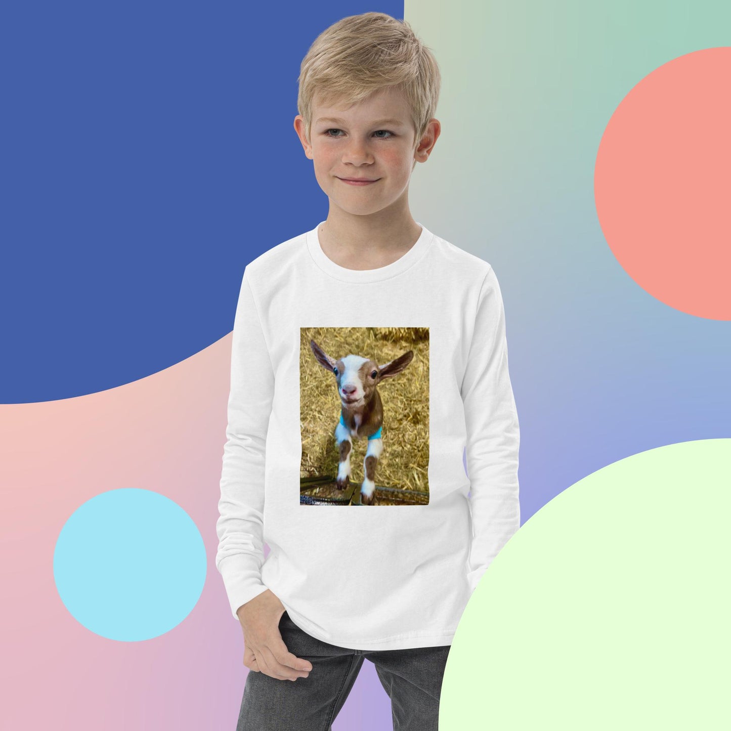 Youth long sleeve tee smiling goat