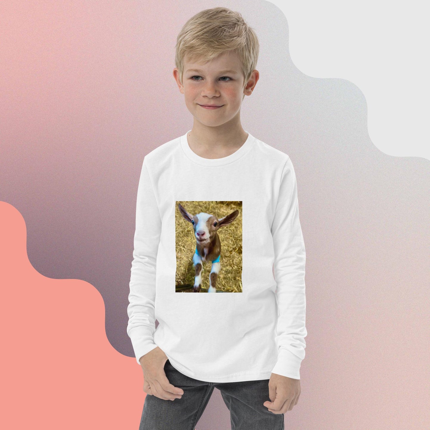 Youth long sleeve tee goat kid smiling